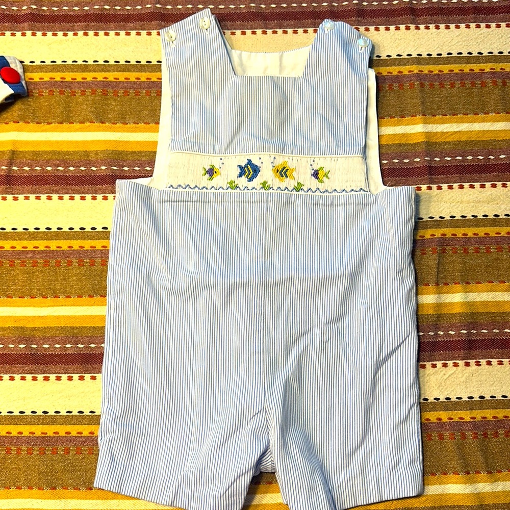Boys blue seersucker smoked fish shortall.